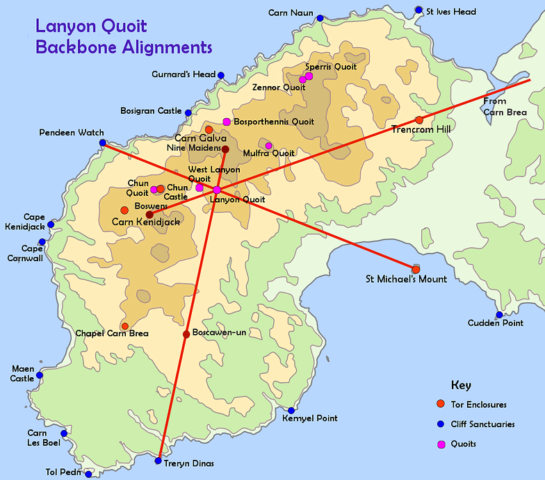 Map showing three key backbone alignments in West Penwith, Cornwall