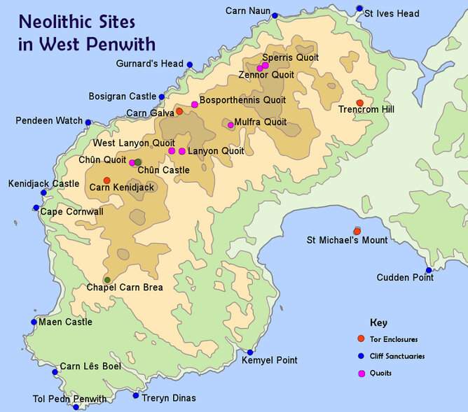 Map of Neolithic sites in West Penwith, Cornwall