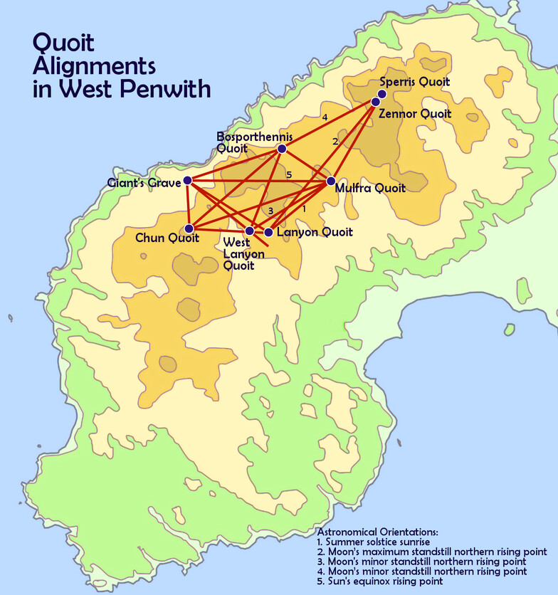 Map of quoit alignments in West Penwith