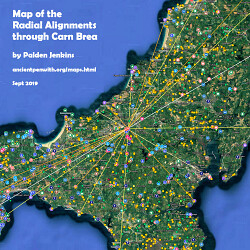 Map of Radial Alignments passing through Carn Brea neolithic tor, Cornwall