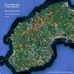 Map of Alignments passing through Quoits in West Penwith, Cornwall