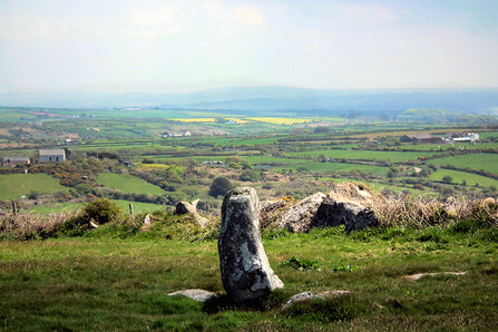Aligned stone at Bosiliack, pointing toward Tregonning Hill