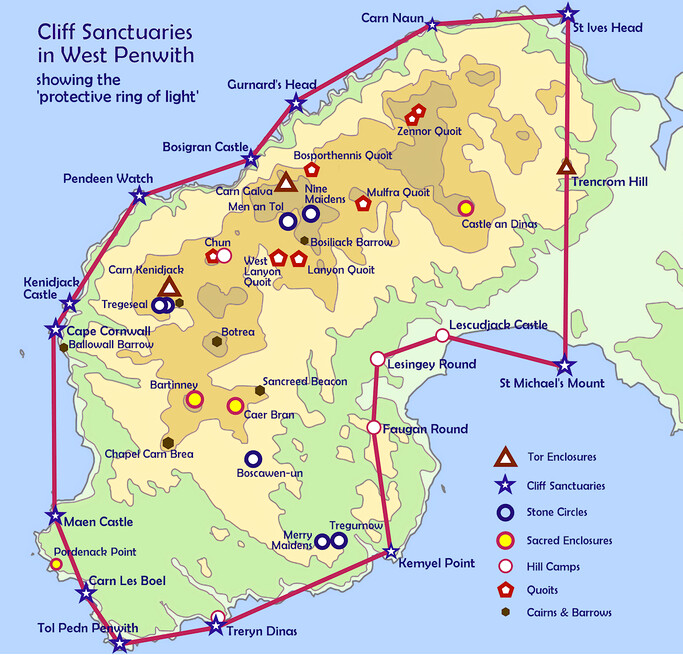 Map of cliff sanctuaries in West Penwith, Cornwall