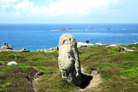 Stone at Greeb, near Land's End, aligned toward the Longships Rocks, pointing at the rock that has most alignments going through it
