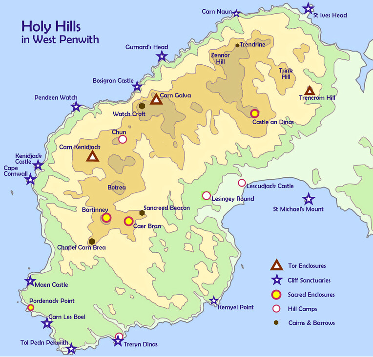 Map of holy hills in West Penwith