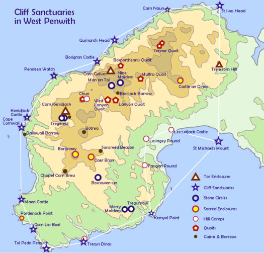 Map of the cliff sanctuaries of West Penwith