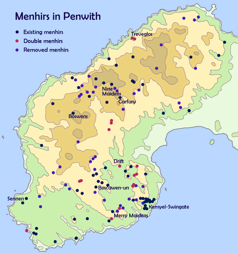 Map menhirs in West Penwith