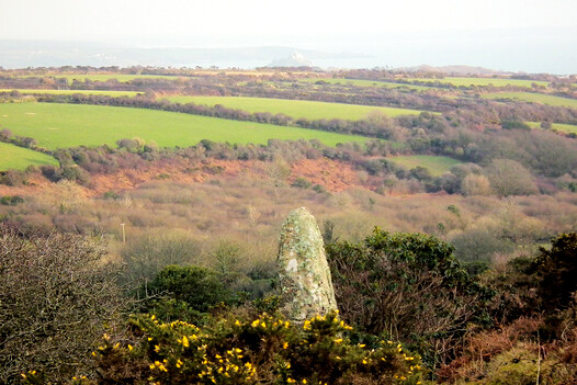 Carfury is a major relay menhir with lots of alignments going through it. It might have been one of a double set of menhirs - that's uncertain. It has a view of distant St Michael's Mount, with  Cudden Point and the Lizard behind.