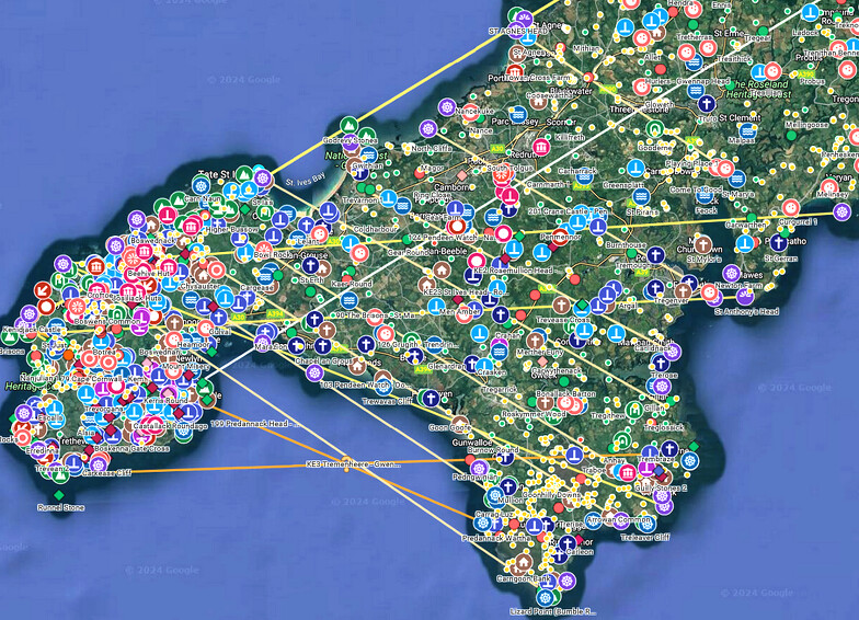 Map of Near-Parallel Alignments in West Cornwall